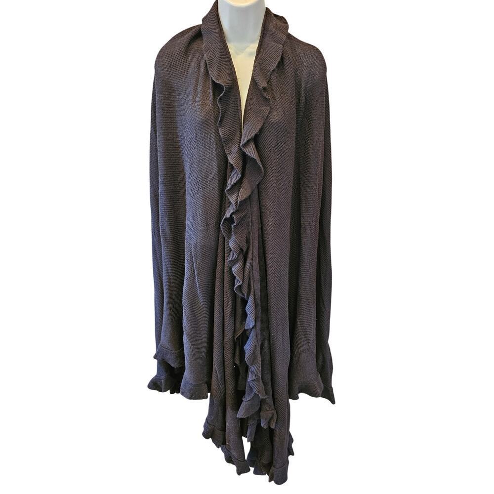 36" chocolate brown knit scalloped shawl poncho office teacher sweater C&B +